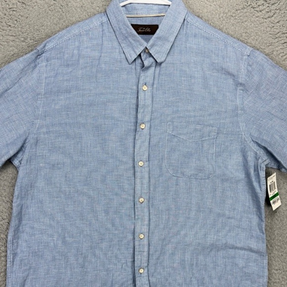Tasso Ella Mens Linen Blend Shirt Large Blue Plaid Short Sleeve Button Up NEW